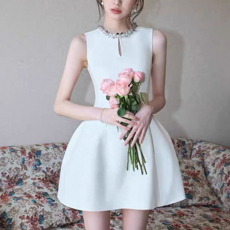 ALYSSA WHITE SLEEVELESS ROUND NECK DIAMOND DRESS