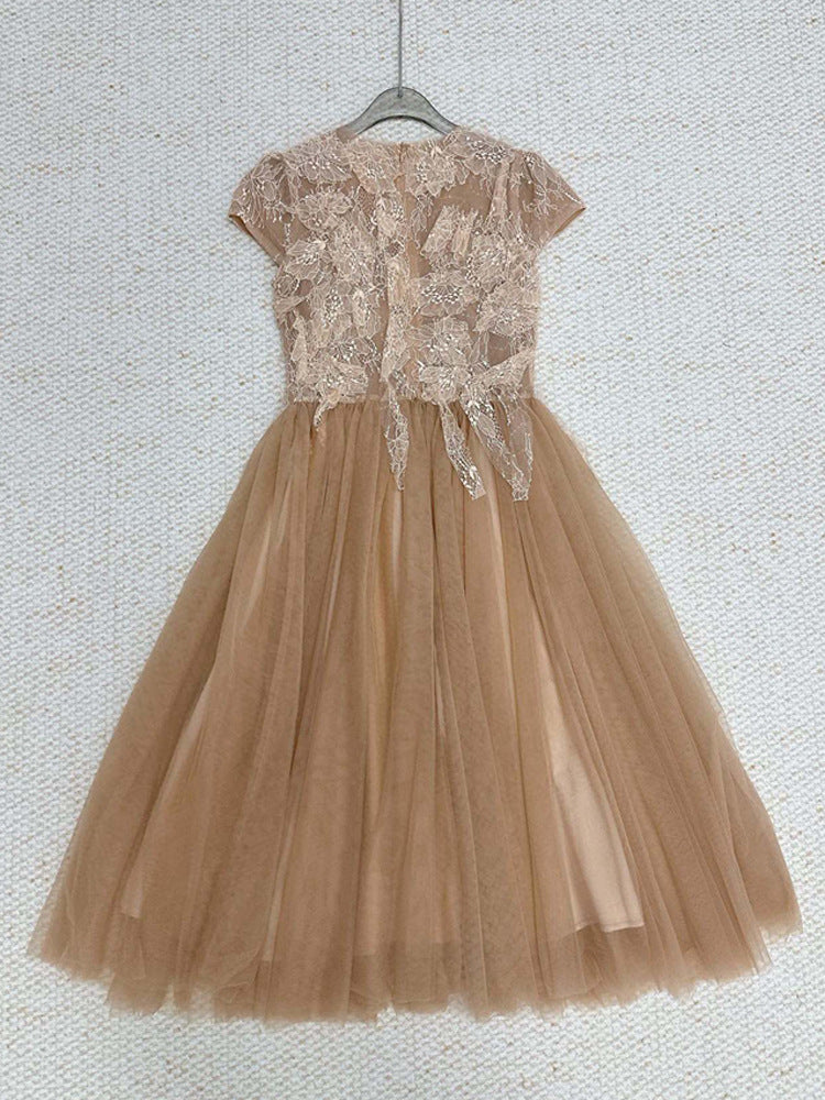 BROWN SEQUIN LACE MESH MAXI DRESS FOR EVENING