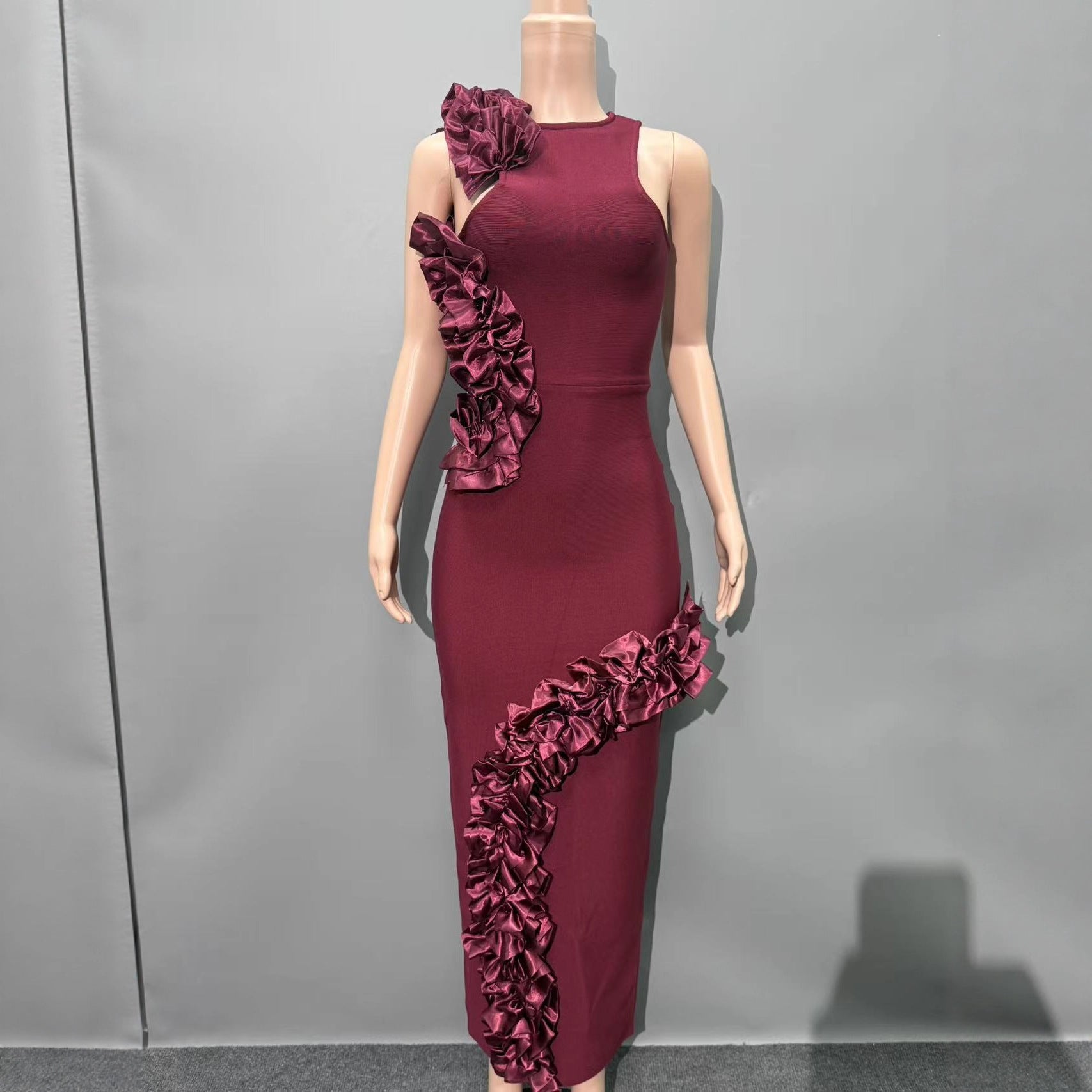 JOANNA RUFFLED BODYCON GOWN CLARET EVENING