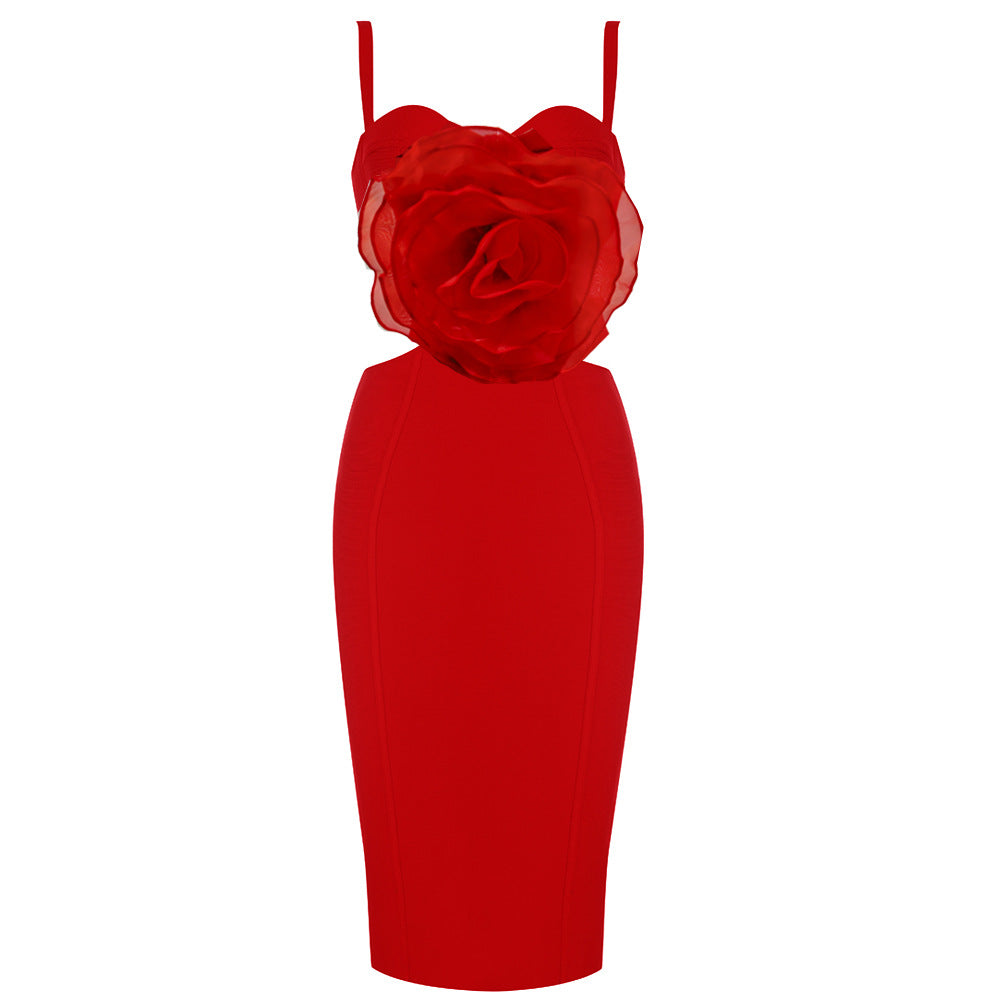 JACEY MESH FLOWER BANDAGE MIDI DRESS