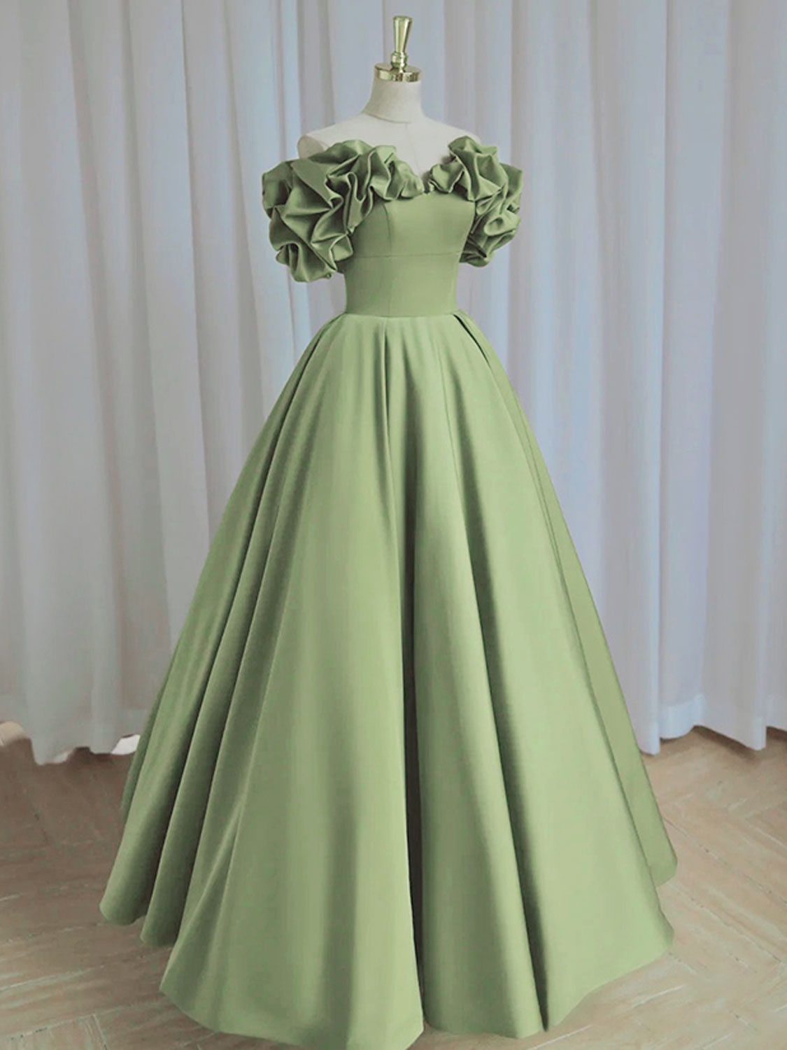 A-LINE OFF-SHOULDER SATIN GREEN DRESS FOR WEDDING GUEST