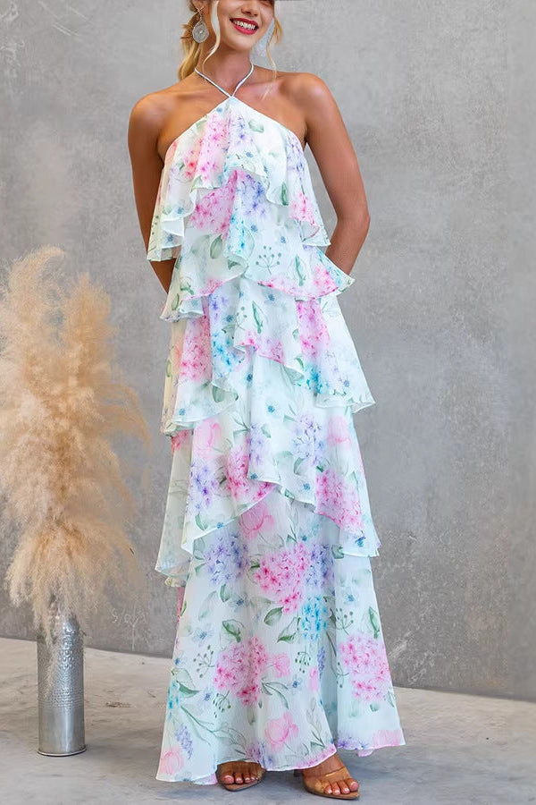 FLORAL RUFFLE HALTER MIDI DRESS FOR SUMMER