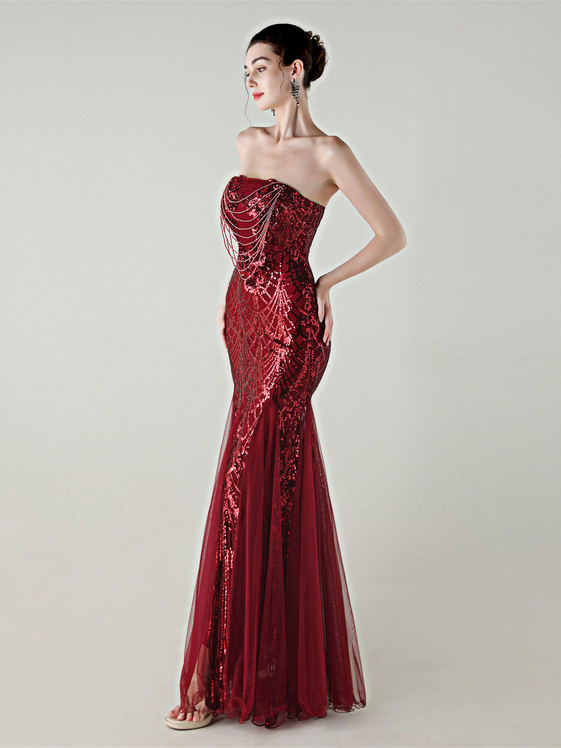 SEQUIN STRAPLESS TULLE MAXI DRESS FOR PARTY
