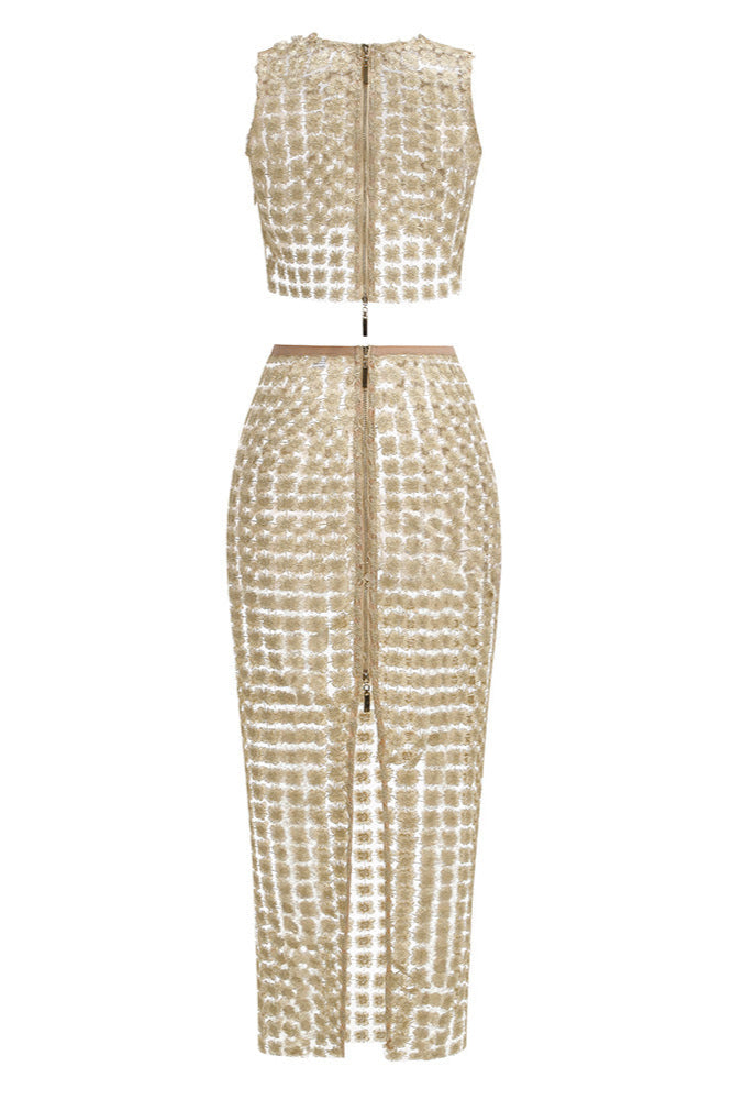 APRICOT SHEER PLAID FISHTAIL MAXI SKIRT SET