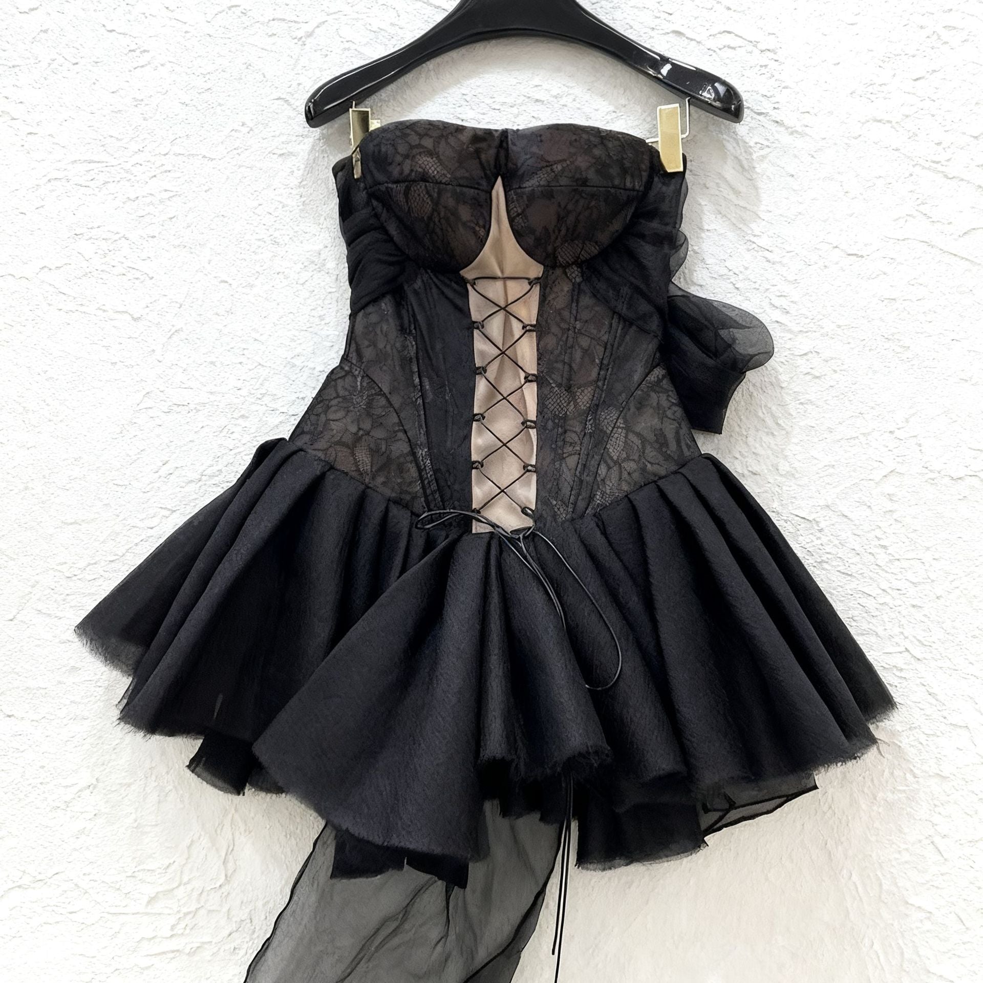 AMELIA HALTER CROSS STRAP TUBE MINI DRESS BLACK