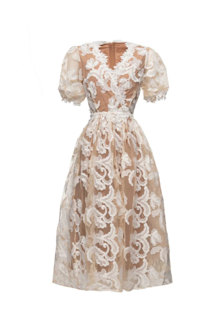 ALISA BEIGE PUFF SLEEVE EMBROIDERED MIDI DRESS
