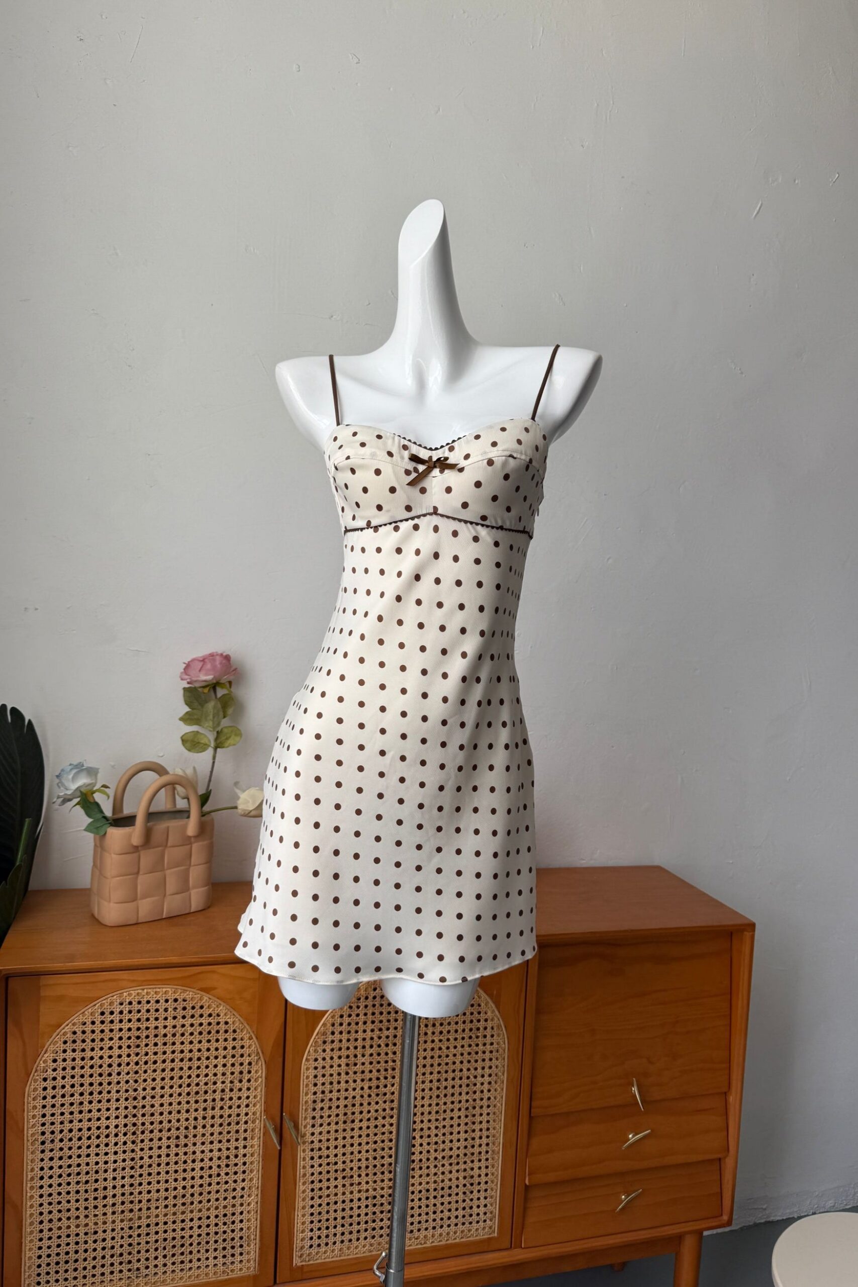 SATIN POLKA DOT MINI DRESS, BEIGE PARTY