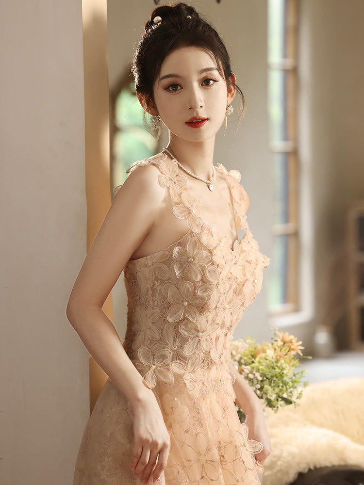SABINA APRICOT STRAPLESS MINIMALIST FAIRY EVENING GOWN