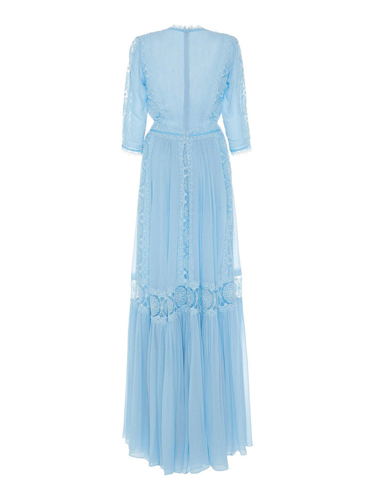 BLUE V-NECK LACE MAXI DRESS FOR WEDDING GUEST
