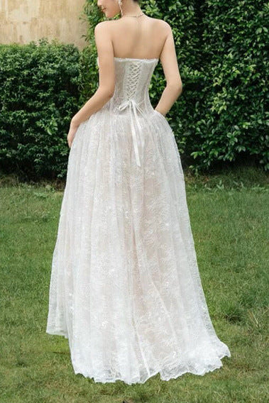 SALLY 3D BUTTERFLY LACE STRAPLESS WHITE MAXI DRESS