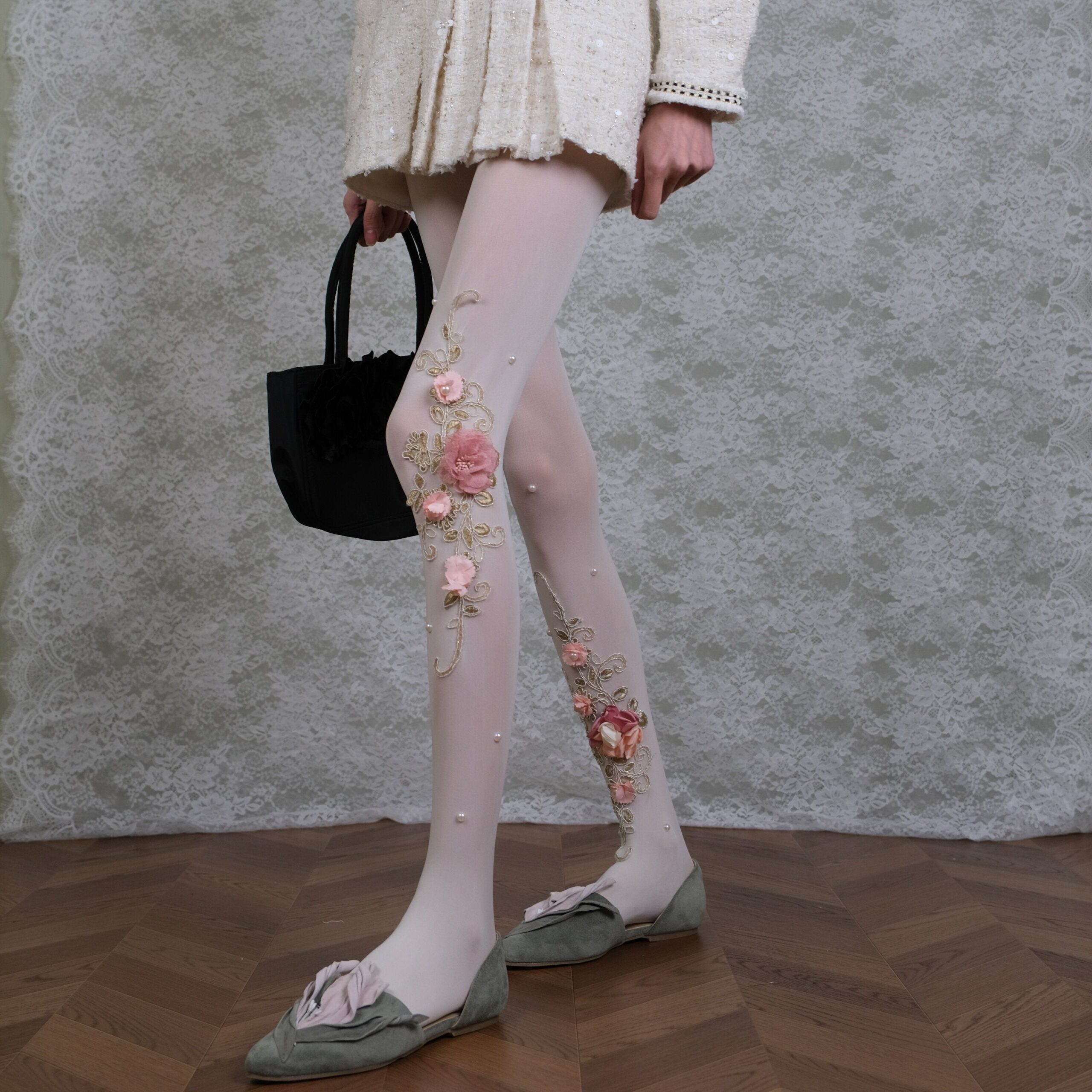 SHEER WHITE FLORAL EMBROIDERED TIGHTS, 3D PEARL BRIDAL HOSIERY