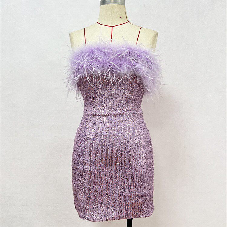 DOLORES SEQUIN STRAPLESS MINI DRESS, FEATHER HEM PARTY