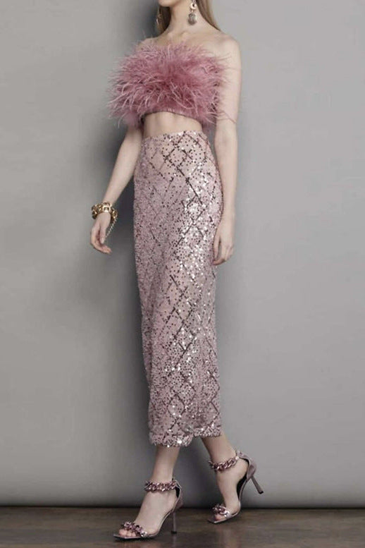 AUDREY PINK FEATHER TOP SEQUIN MIDI SKIRT SET