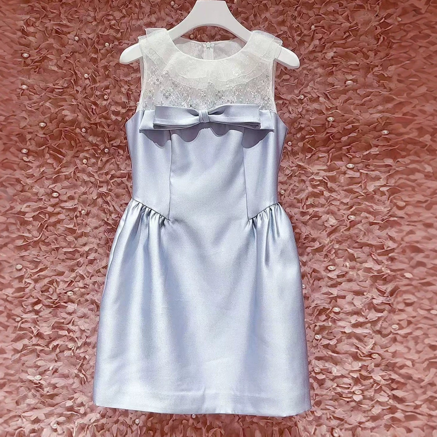 LACE RHINESTONE BOW SATIN A-LINE MINI DRESS