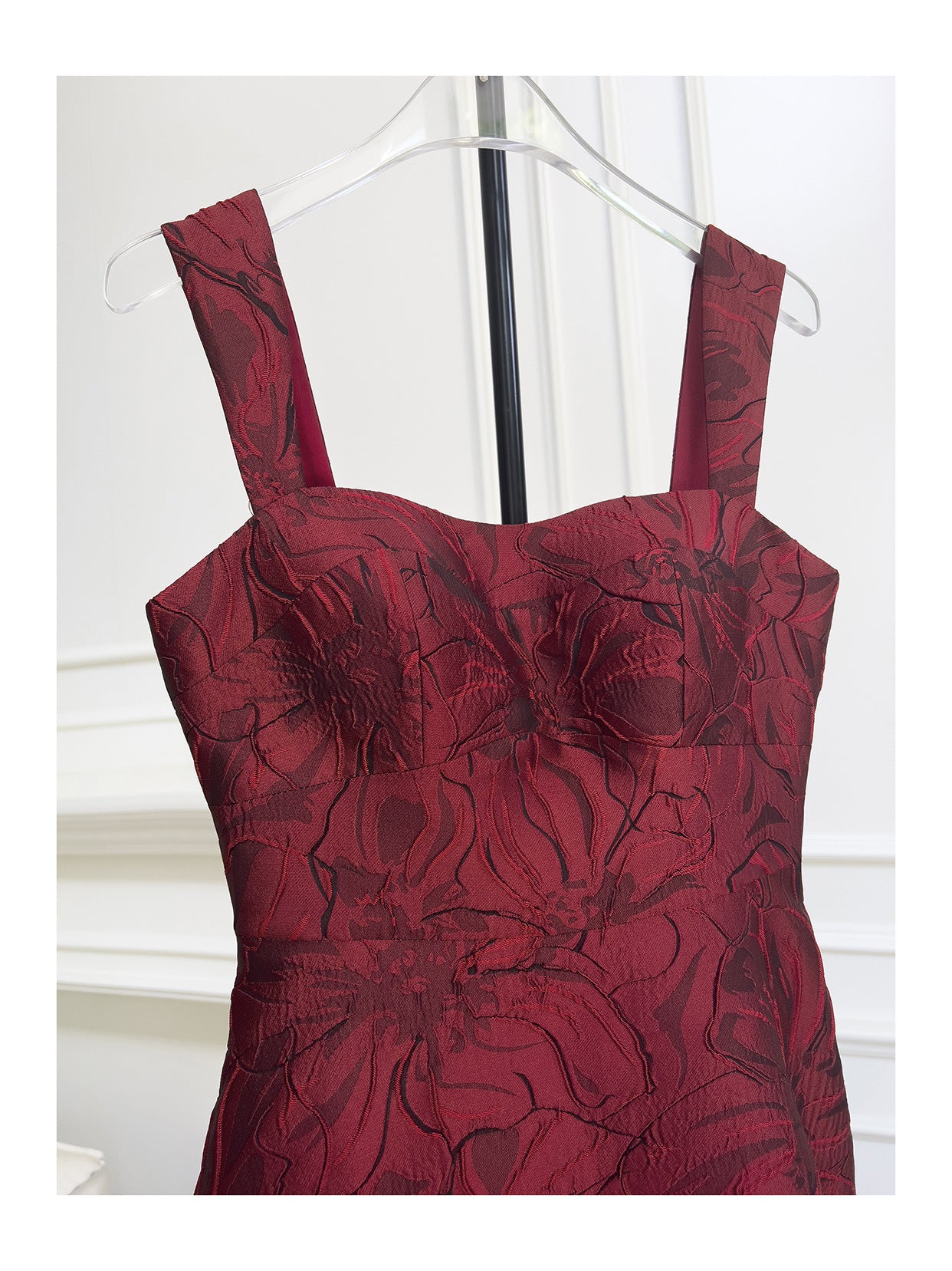 BURGUNDY JACQUARD CAMI MIDI DRESS FOR EVENTS