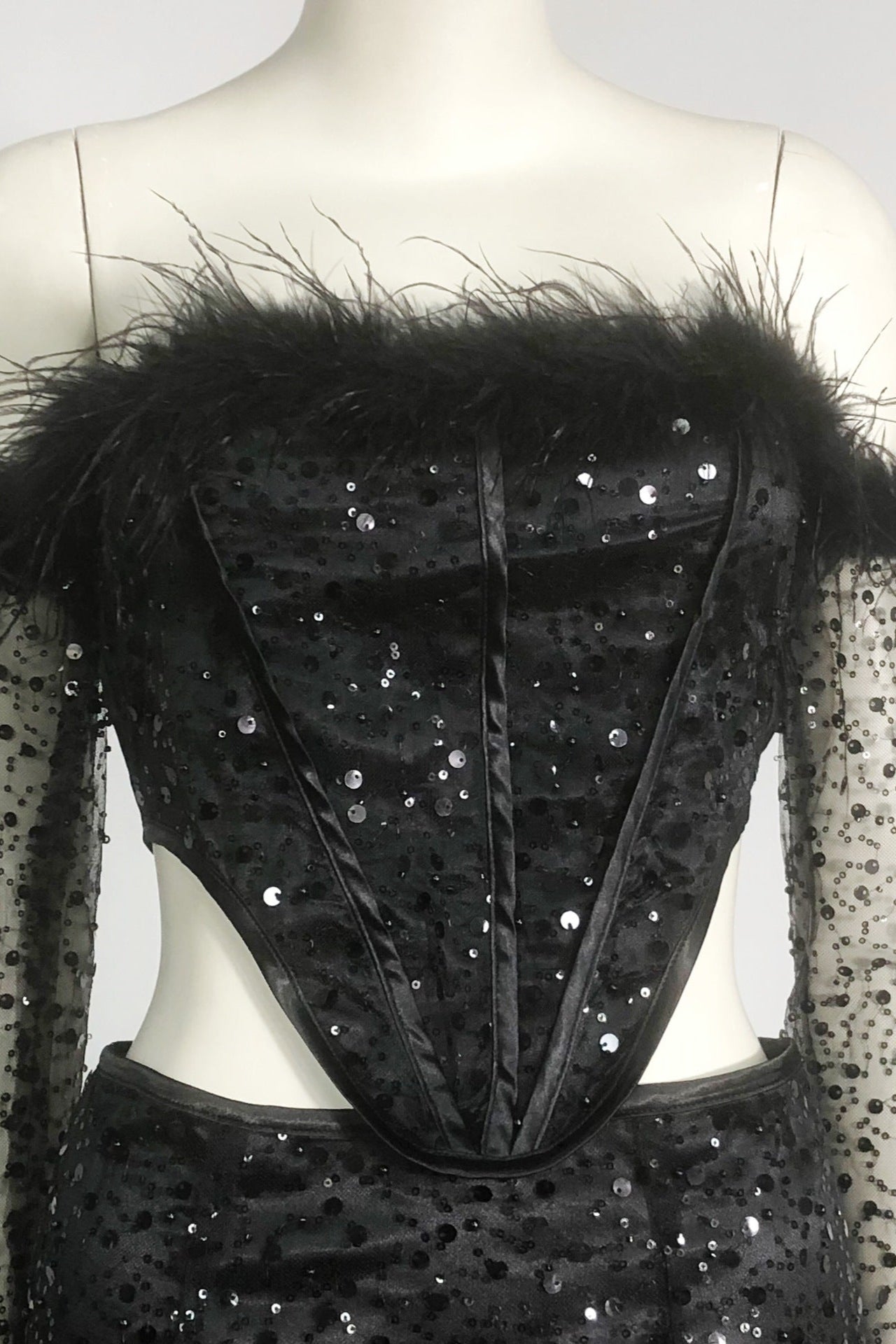 BLACK OFF-SHOULDER MESH SKIRT SET