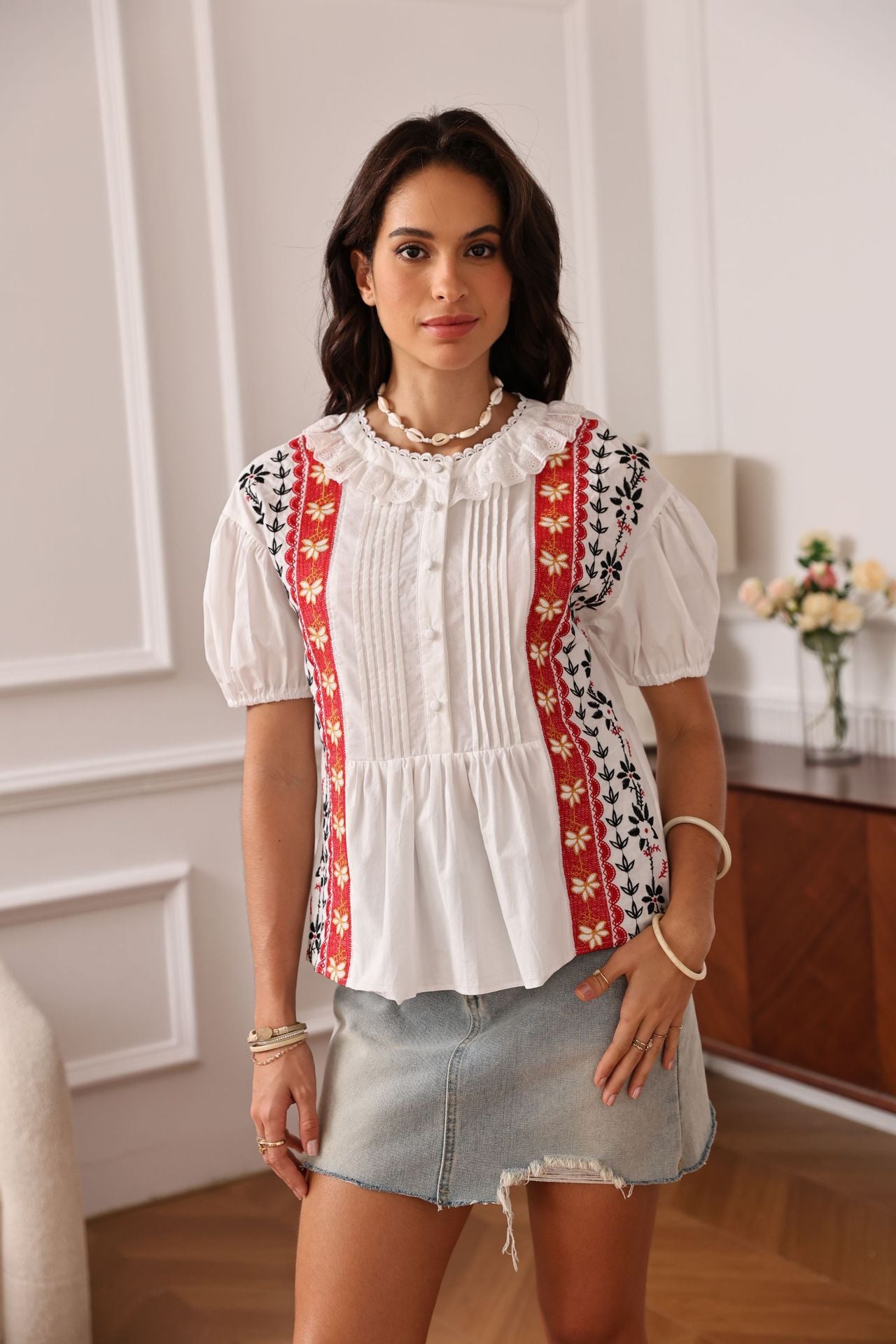 EMBROIDERED LACE HOLLOW TOP, SHORT SLEEVE, CASUAL