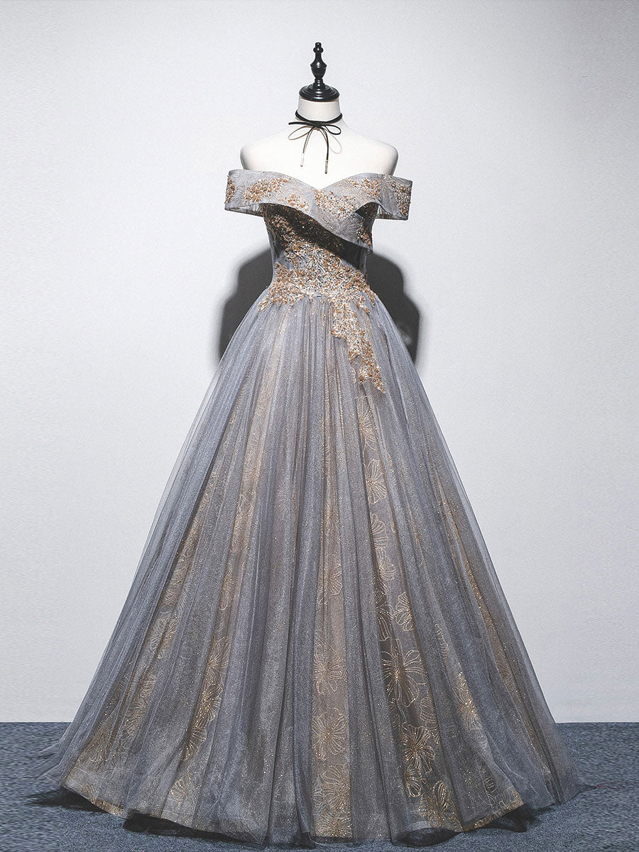 GRAY BLUE OFF-SHOULDER TULLE LACE PARTY DRESS