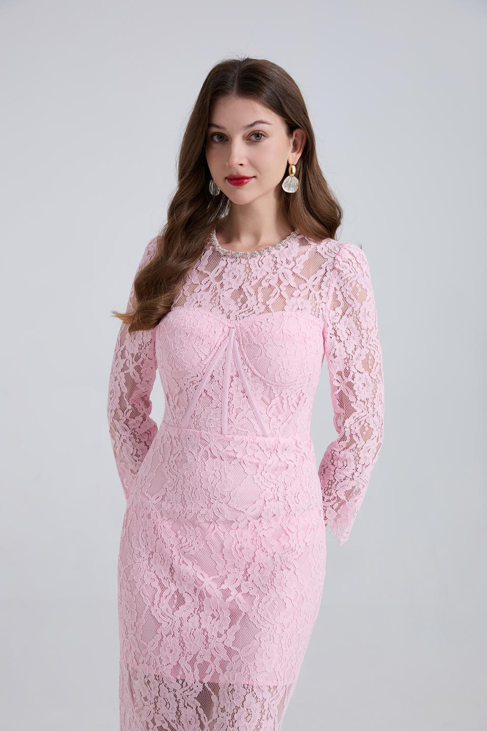 RHINESTONE FISHBONE LACE MIDI DRESS IN PINK