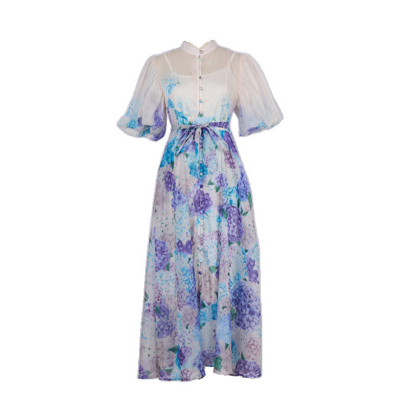PINK FLORAL MANDARIN COLLAR CHIFFON MAXI DRESS