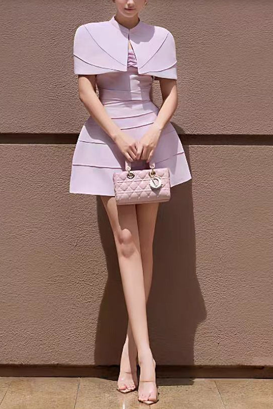 O1CN01nZxEus1tO8LIV10wC__2213999915891-0-cib PURPLE PLEATED CAPE MINI DRESS, SPAGHETTI STRAP COCKTAIL