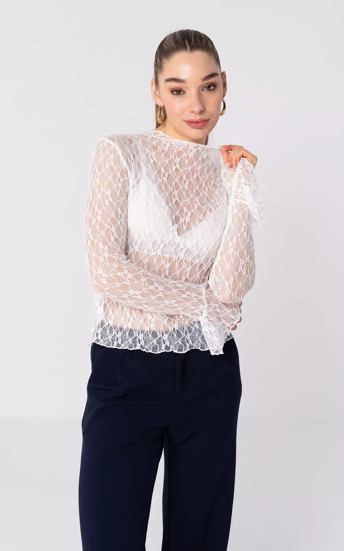 LACE LONG SLEEVE SHEER CUT-OUT TOP