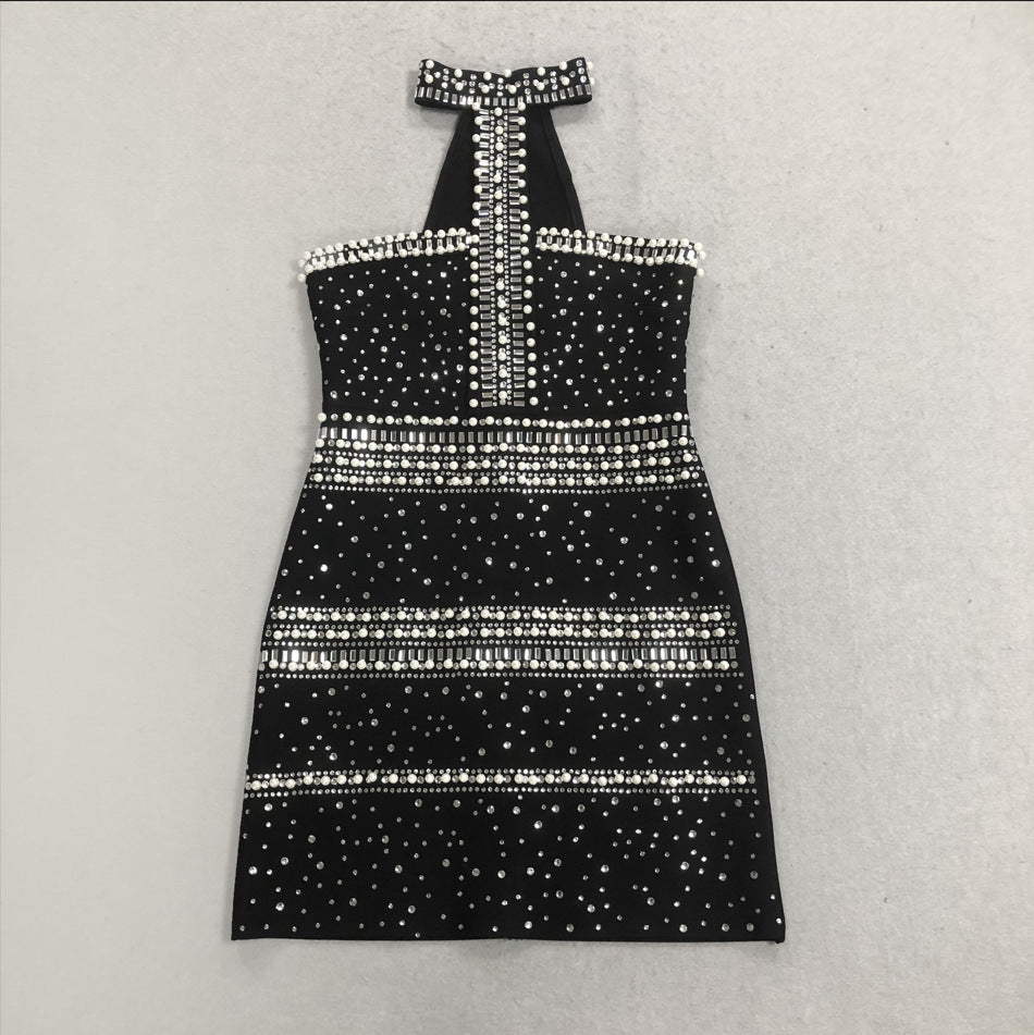 NELLY PEARL RHINESTONE HALTER MINI DRESS BLACK