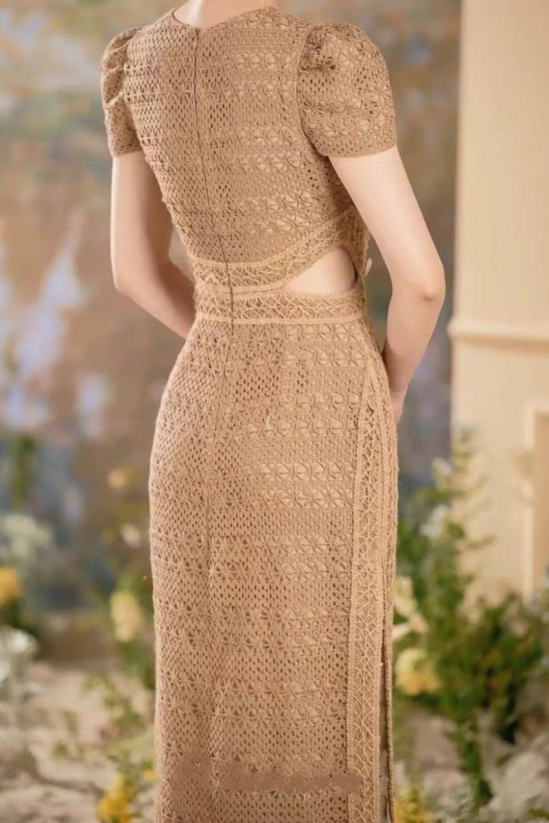 BROWN APPLIQUÉ HOLLOW MAXI DRESS FOR EVENING
