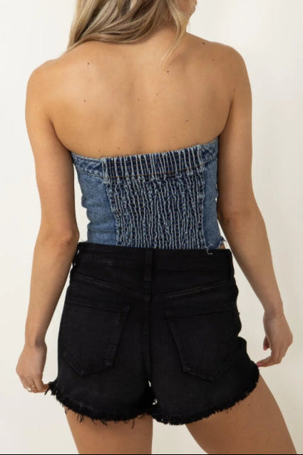 8-BUTTON BLUE DENIM TUBE TOP CASUAL