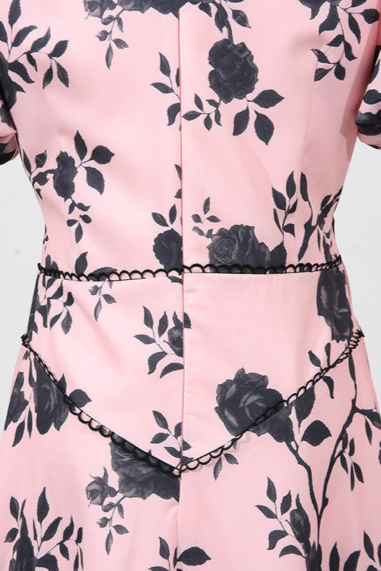 V-NECK SATIN FLORAL MIDI DRESS PINK