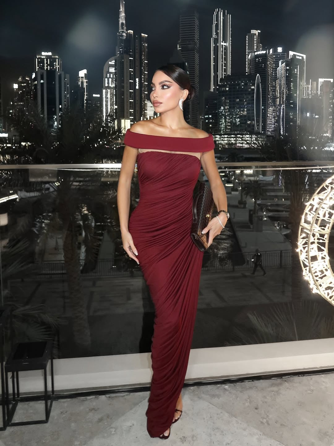 BURGUNDY OFF-SHOULDER ASYMMETRICAL DRAPED HIGH SLIT MAXI DRESS