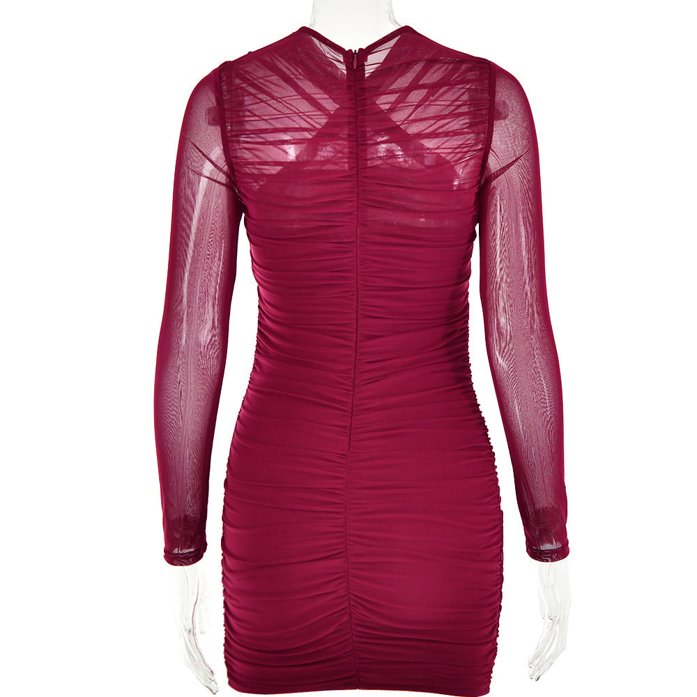 LONG SLEEVE RUCHED MESH WINE COCKTAIL DRESS