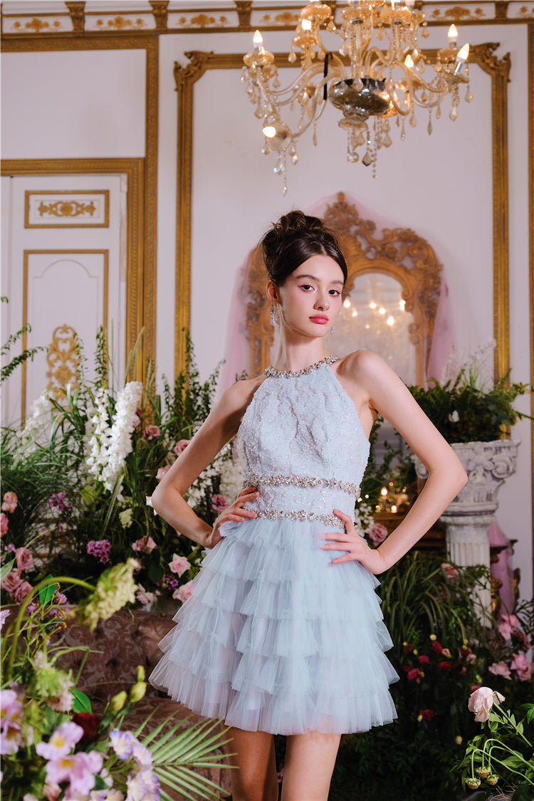 SLEEVELESS HALTER LAYERED PARTY DRESS