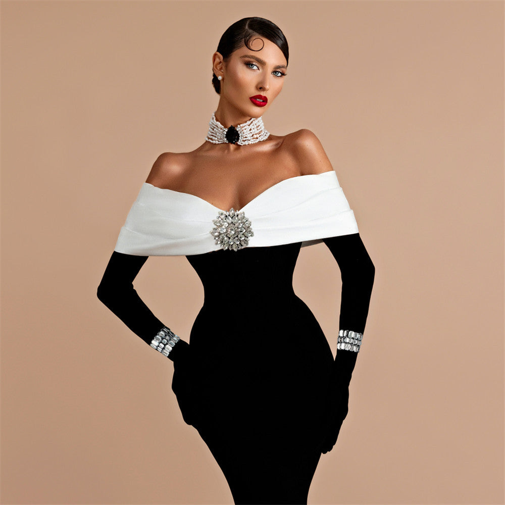 OFF SHOULDER BACKLESS BANDAGE BLACK MAXI DRESS