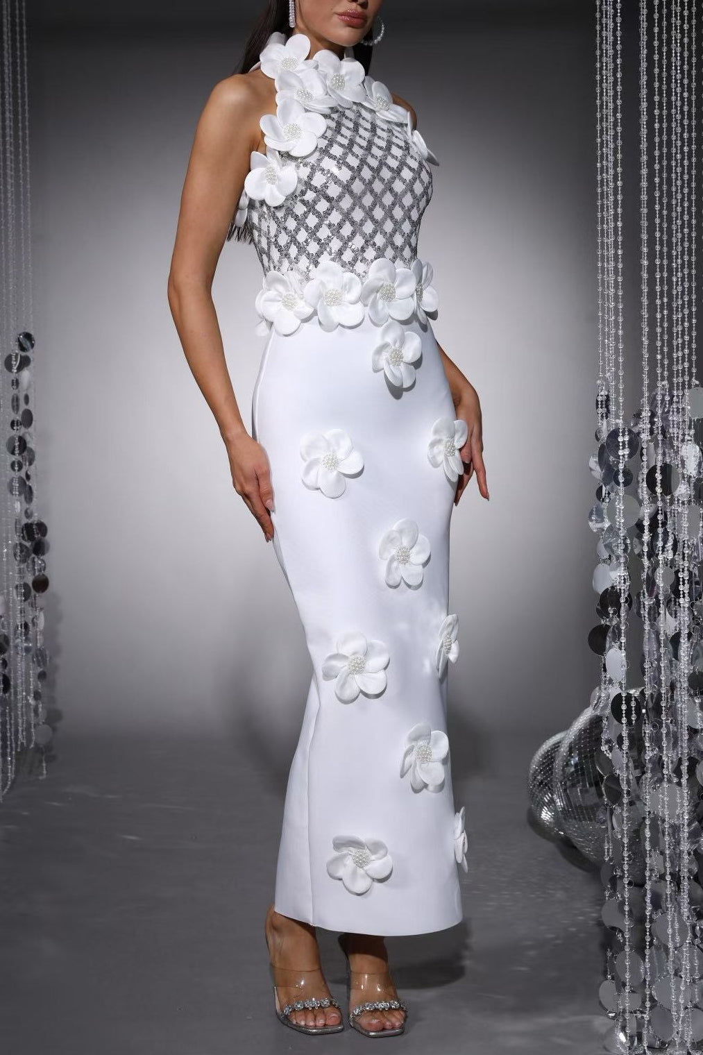 PHOENIX 3D FLOWER SEQUIN HALTER WHITE MAXI DRESS