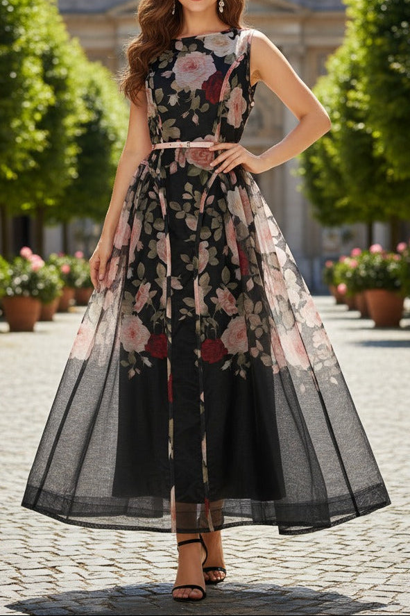 SLEEVELESS ROSE MESH MAXI DRESS, PRINT SUMMER