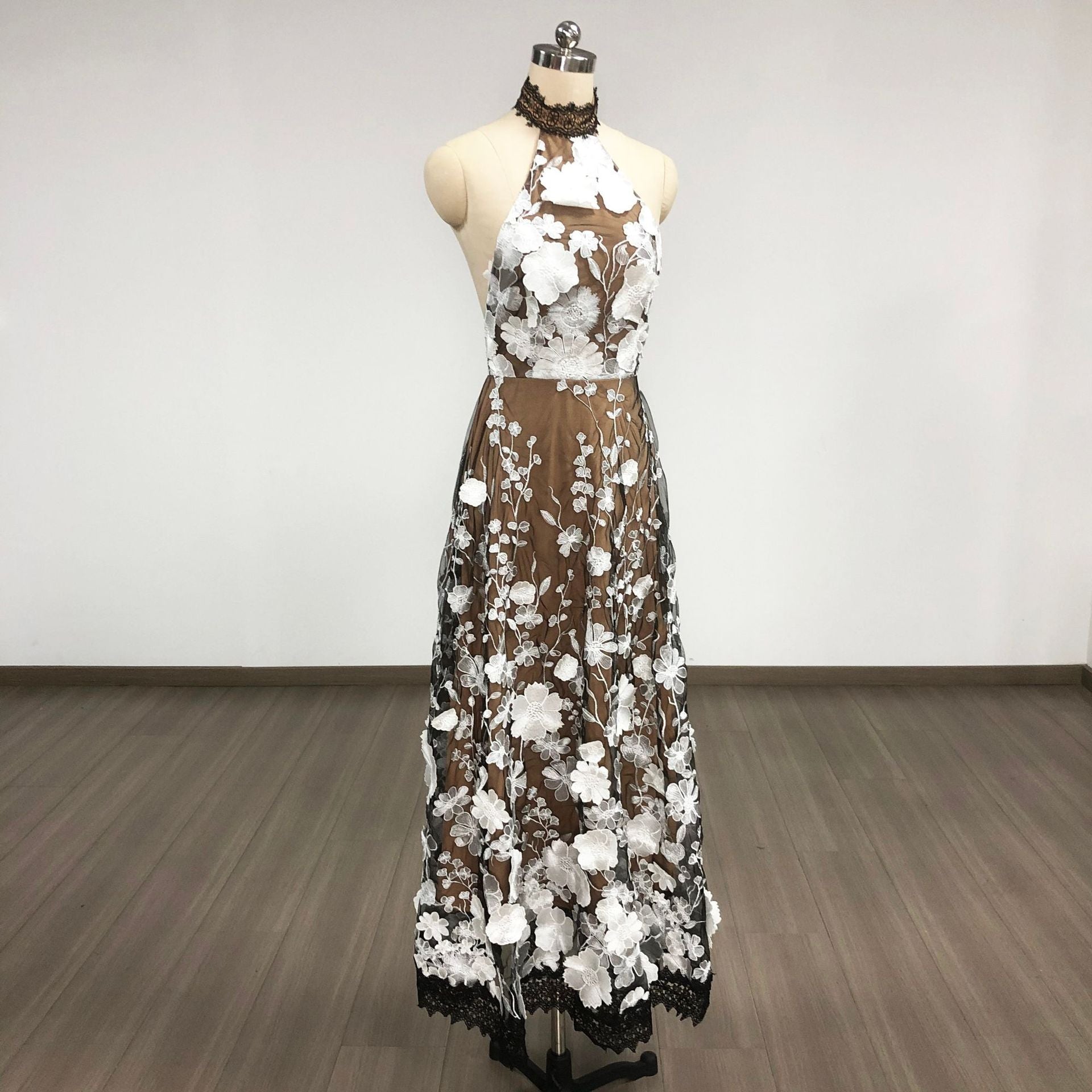 ALYSSA BLACK HALTER FLORAL EMBROIDERED MIDI DRESS