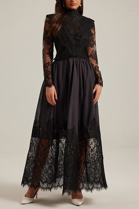 LACE EMBROIDERY MAXI DRESS SET - BLACK FORMAL