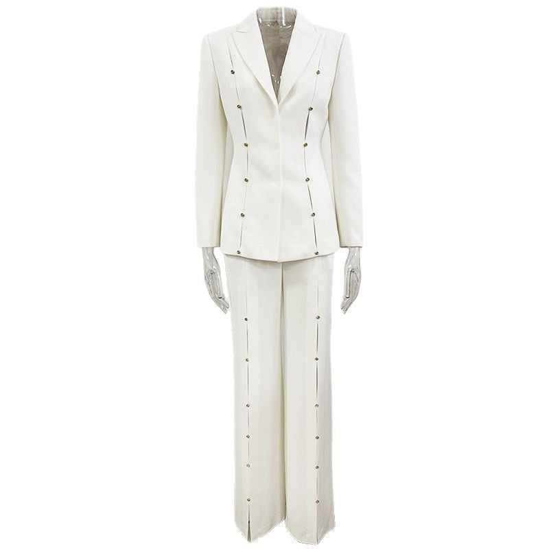 WHITE DIAMOND STUD HOLLOW OUT BLAZER SET