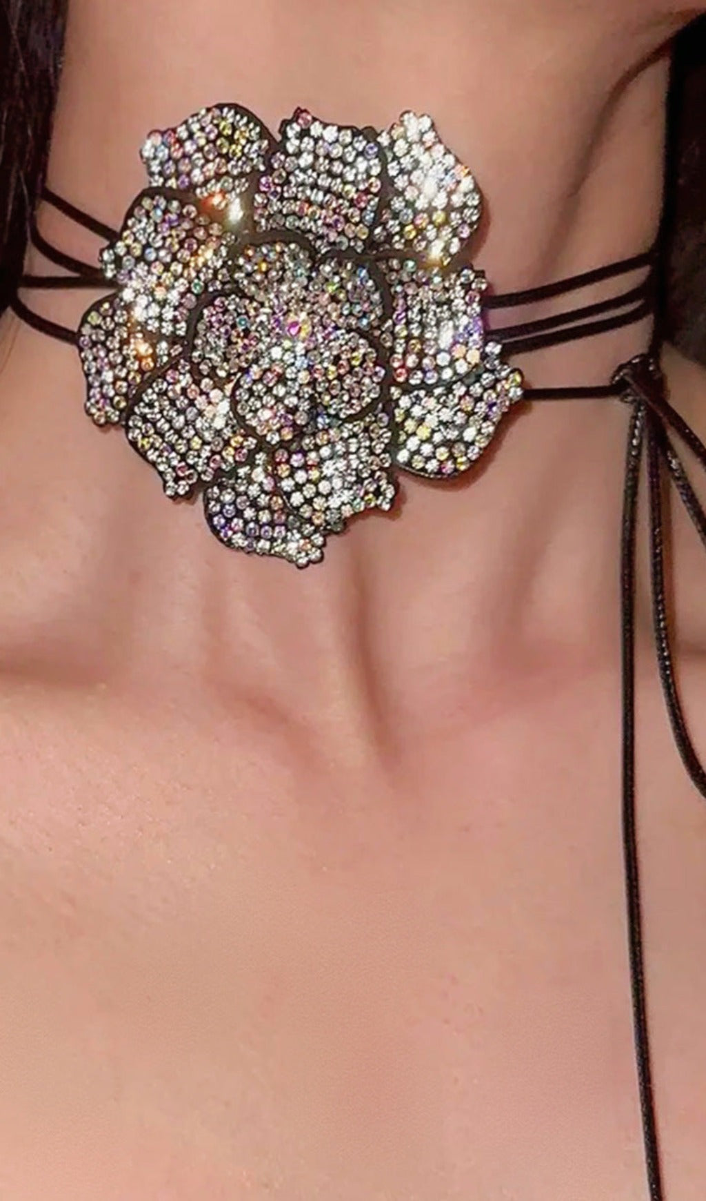 BLACK CRYSTAL FLOWER CHOKER NECKLACE GOTHIC