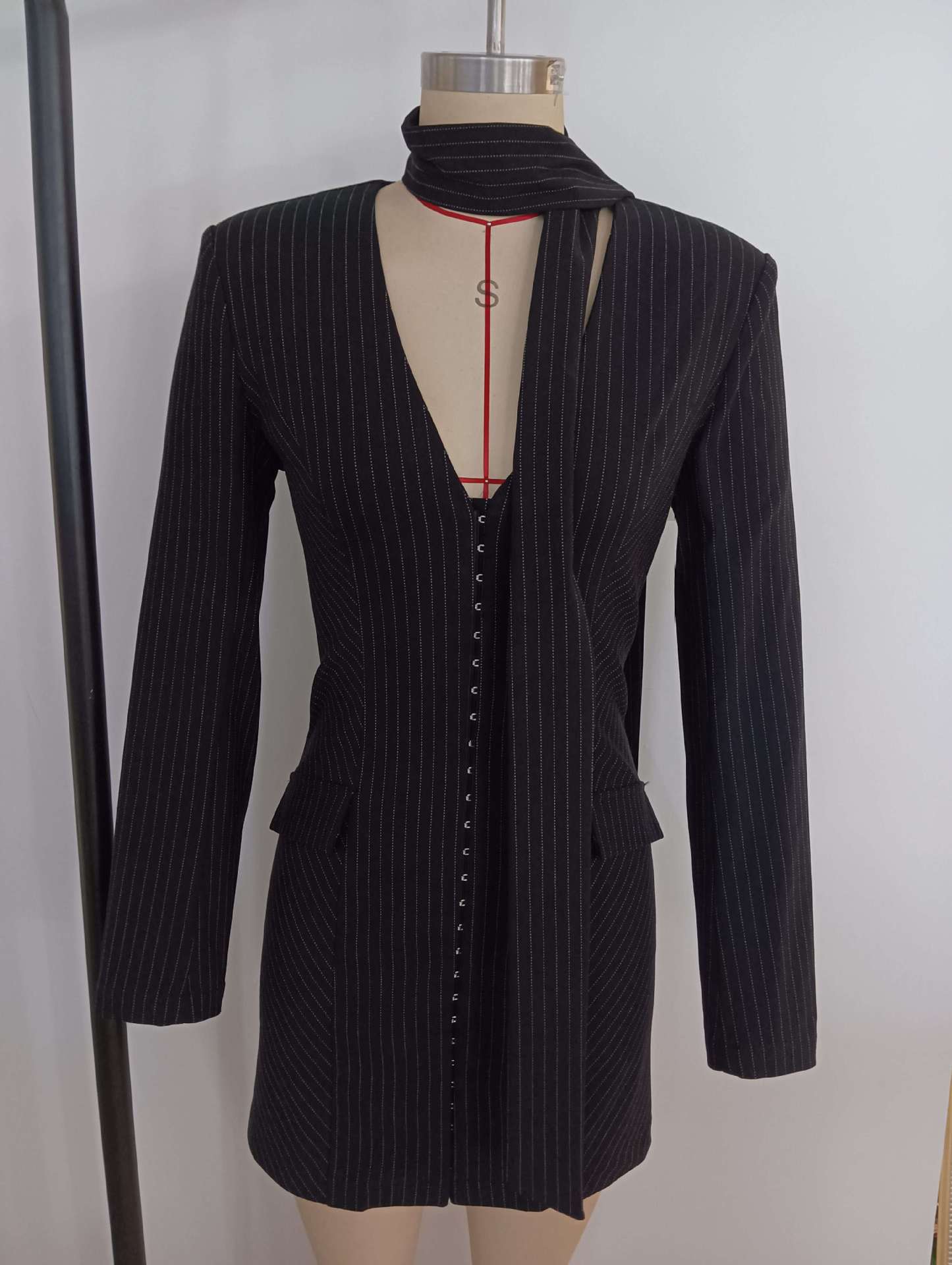 PRISCILLA V-NECK STRIPE MINI BLAZER DRESS IN BLACK