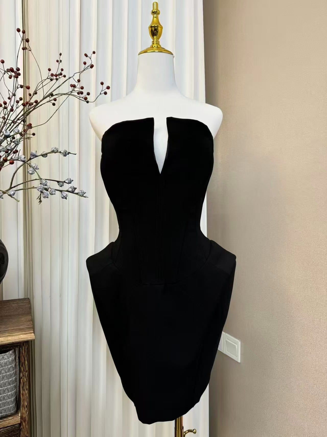LAURA FOLDED COLLAR CORSET MINI DRESS BLACK