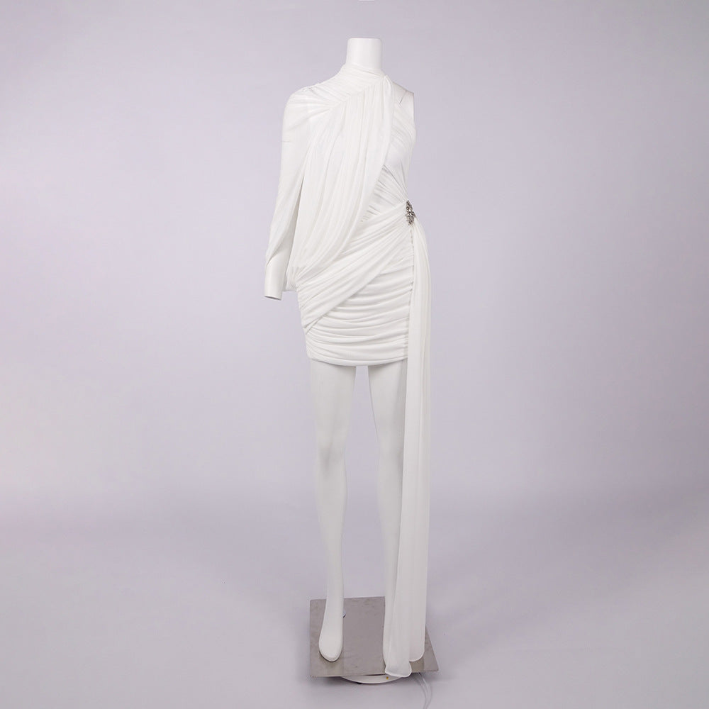 OFF-SHOULDER BODYCON MINI DRESS, PLEATED RIBBON, WHITE
