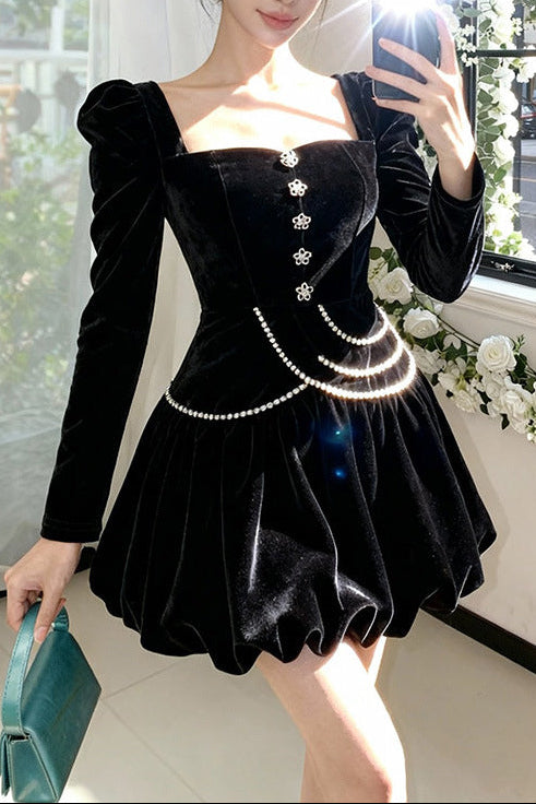 VANESSA BLACK VELVET SQUARE NECK RHINESTONE MINI DRESS