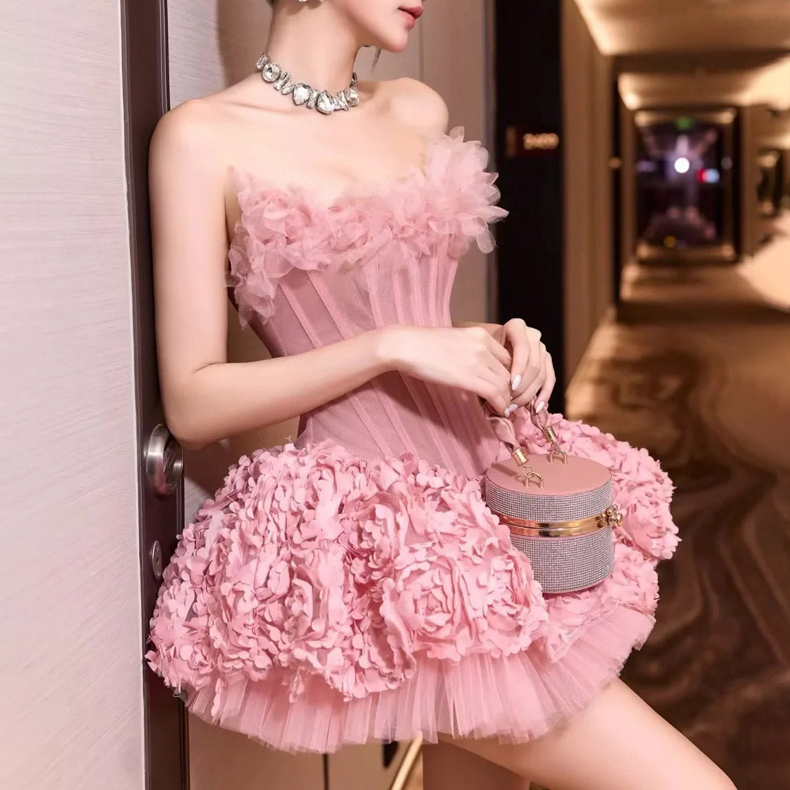 ALBERTA 3D FLOWER STRAPLESS PINK MINI DRESS