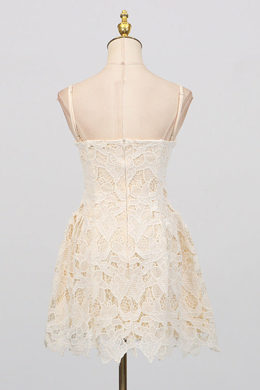 LACE HOLLOW SLEEVELESS YELLOW MINI PARTY DRESS