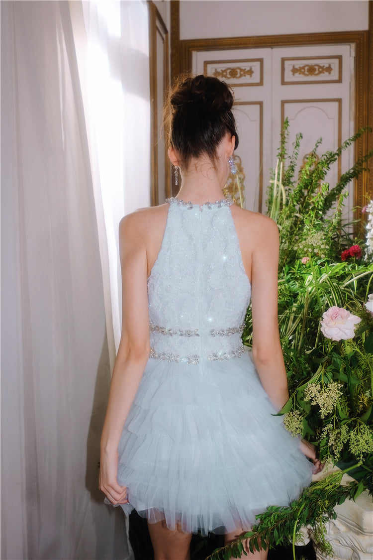 SLEEVELESS HALTER LAYERED PARTY DRESS