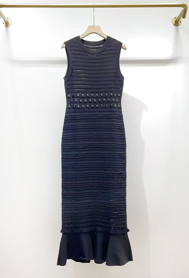 VALERIE STUDDED SLEEVELESS MIDI DRESS BLACK