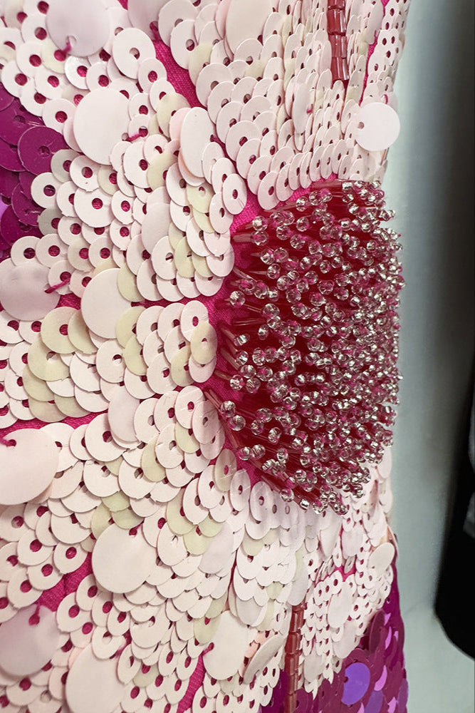 SEQUIN FLOWER PUFF SLEEVE MIDI DRESS IN PINK