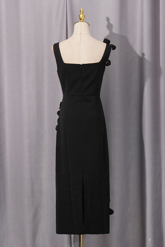 SABRINA 3D FLOWER BLACK MIDI DRESS FOR WEDDING
